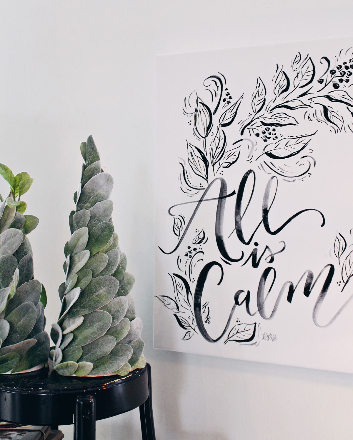 DIY lambs ear trees paired with a Lily & Val brush lettered holiday canvas from the 2017 All Is Calm Collection