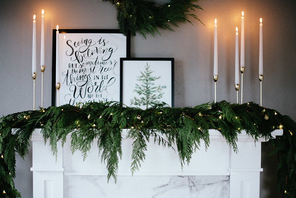 Beautiful Holiday Fireplace Styling By Krista Fredricks of Pike Petals using Lily & Val hand lettered prints