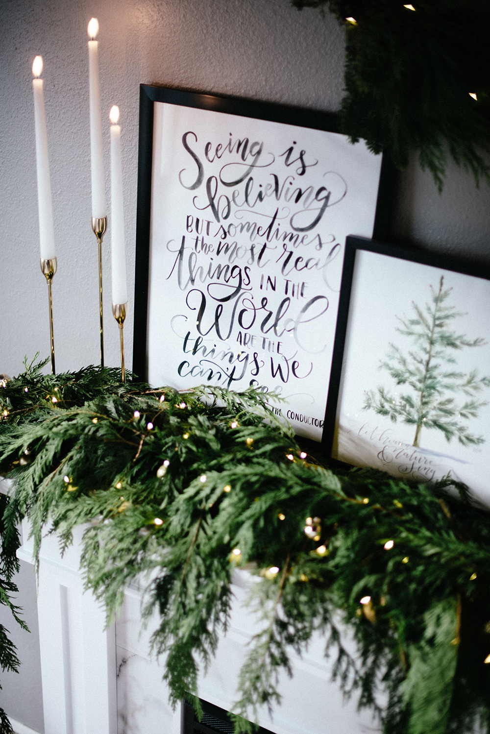 Beautiful Holiday Fireplace Styling By Krista Fredricks of Pike Petals using Lily & Val hand lettered prints