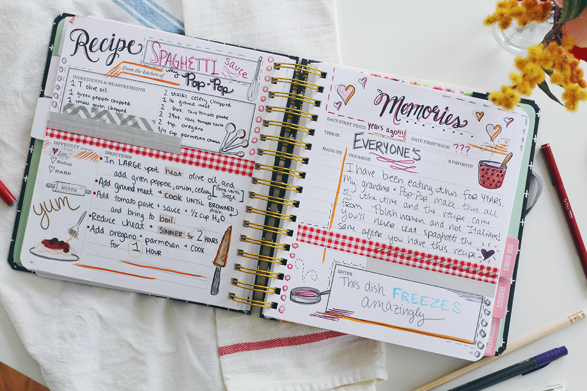 Use scrapbooking and planner supplies to add recipes and memories to the pages of your Keepsake Kitchen Diary