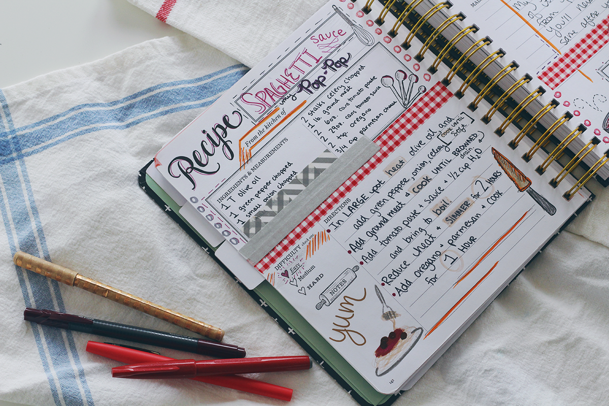 Use scrapbooking and planner supplies to add recipes and memories to the pages of your Keepsake Kitchen Diary