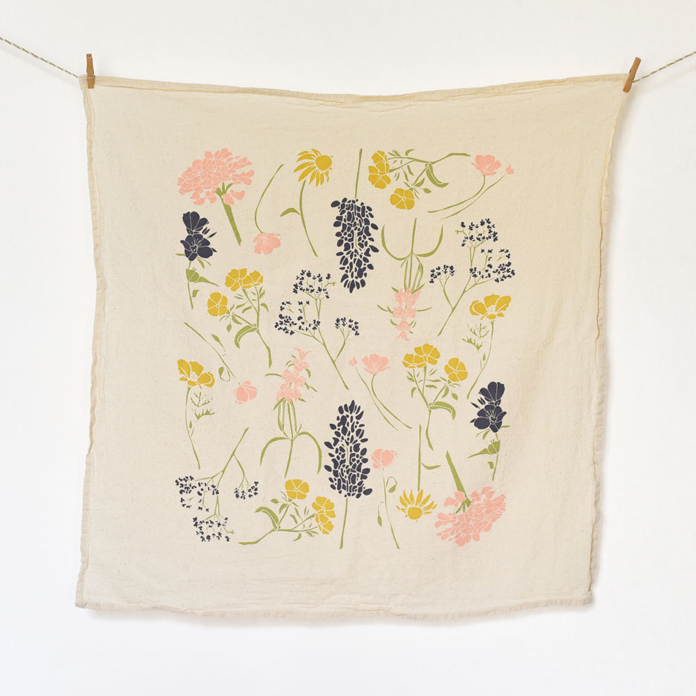 Hand printed floral flour sack tea towel