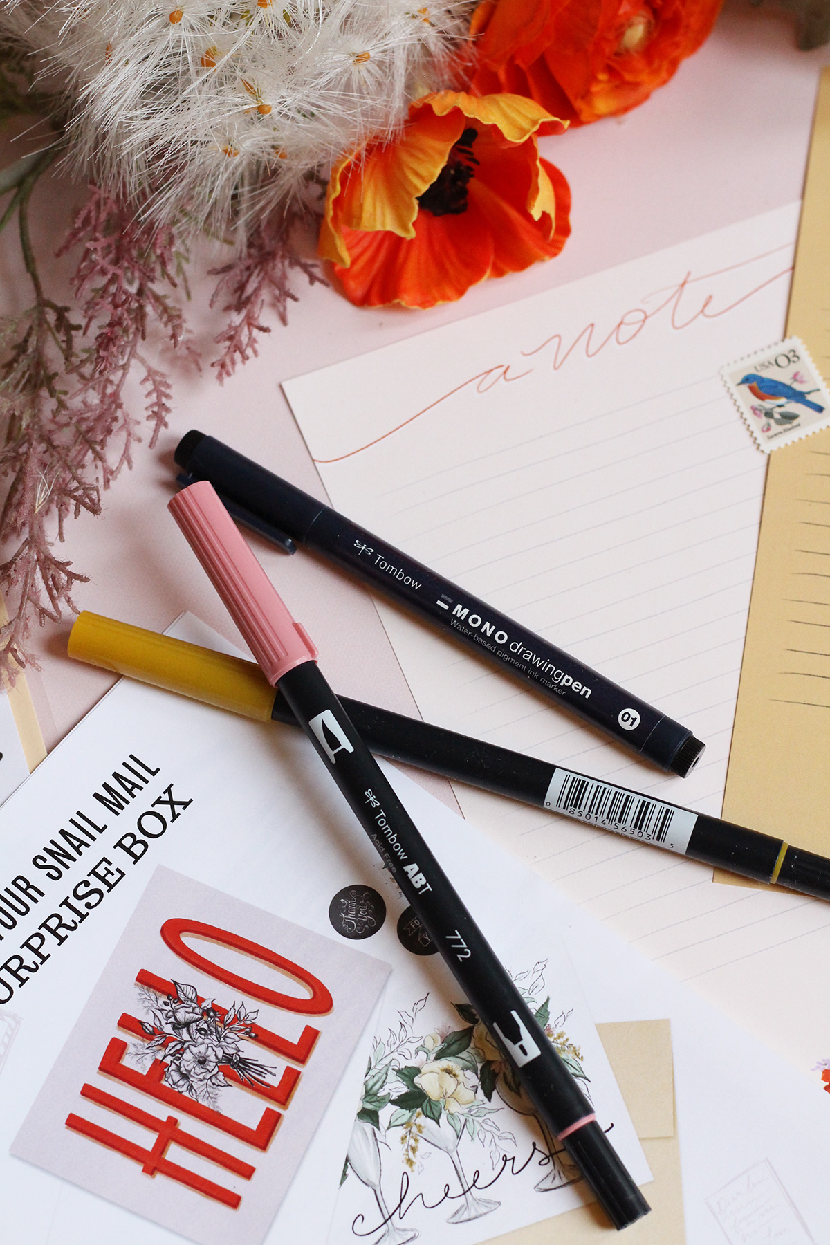 Tombow Dual Brus pens and mono drawing pen for addressing the prettiest envelopes