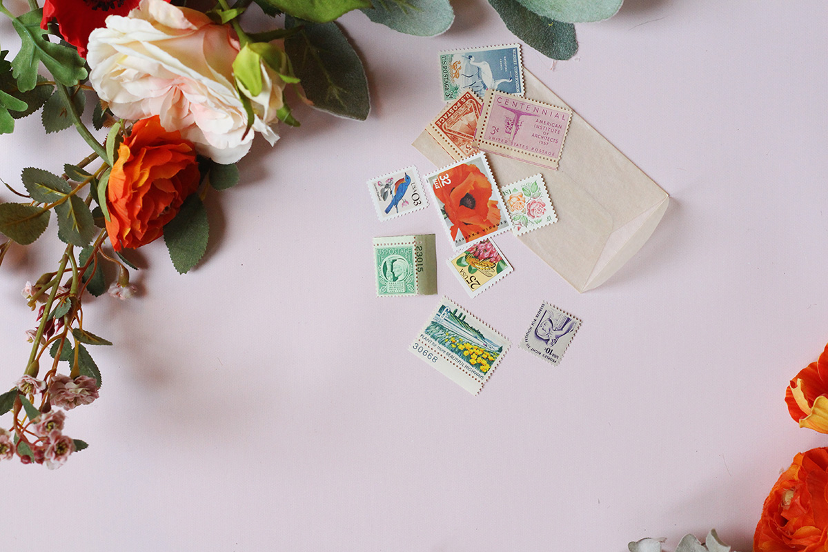 The unused, vintage stamps in the box have been custom picked and color-coordinated by Virginia of Verde Studio just for us!