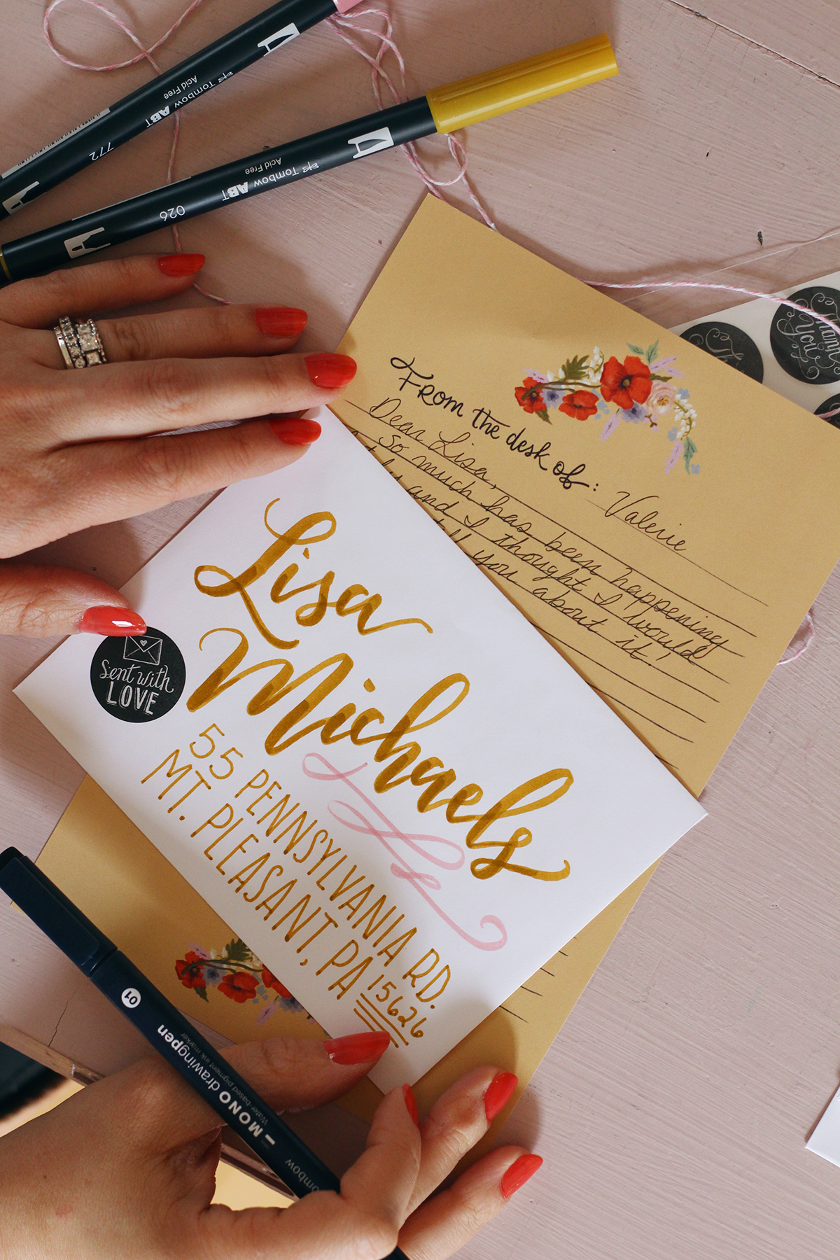 Brush lettered envelope inspiration using Tombow Dual Brush Pens 