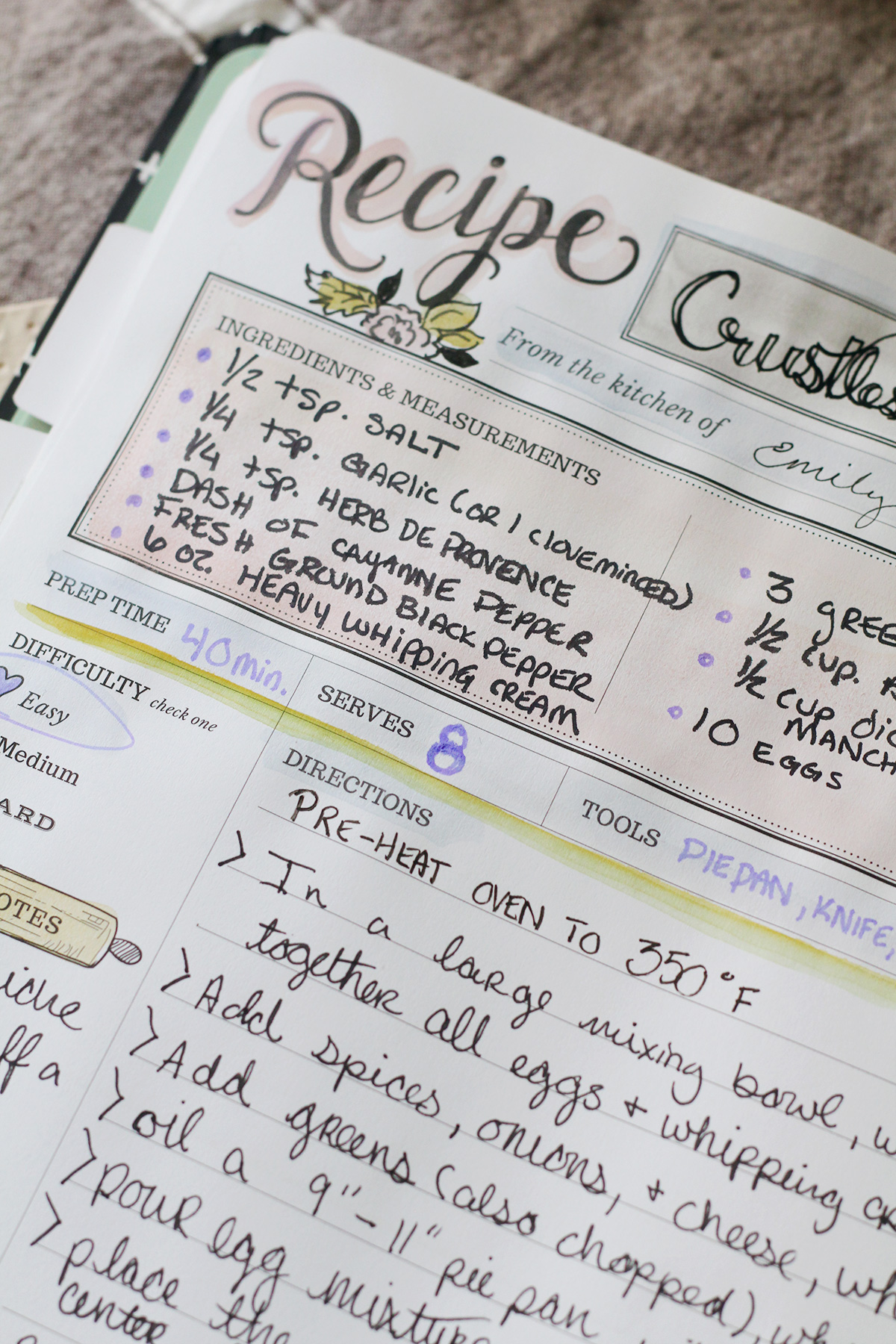 Crustless Quiche Recipe Crafted & Hand-Written in The Keepsake Kitchen Diary - a Family Cookbook & Memory Keeper
