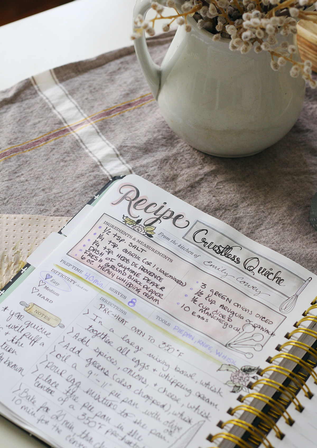 Crustless Quiche Recipe Crafted & Hand-Written in The Keepsake Kitchen Diary - a Family Cookbook & Memory Keeper