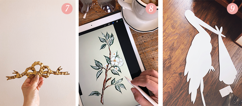 Lily & Val Presents: Pretty Ordinary Friday #104 with brass bows for baby room decor, iPad floral drawing and wooden storks for baby showers