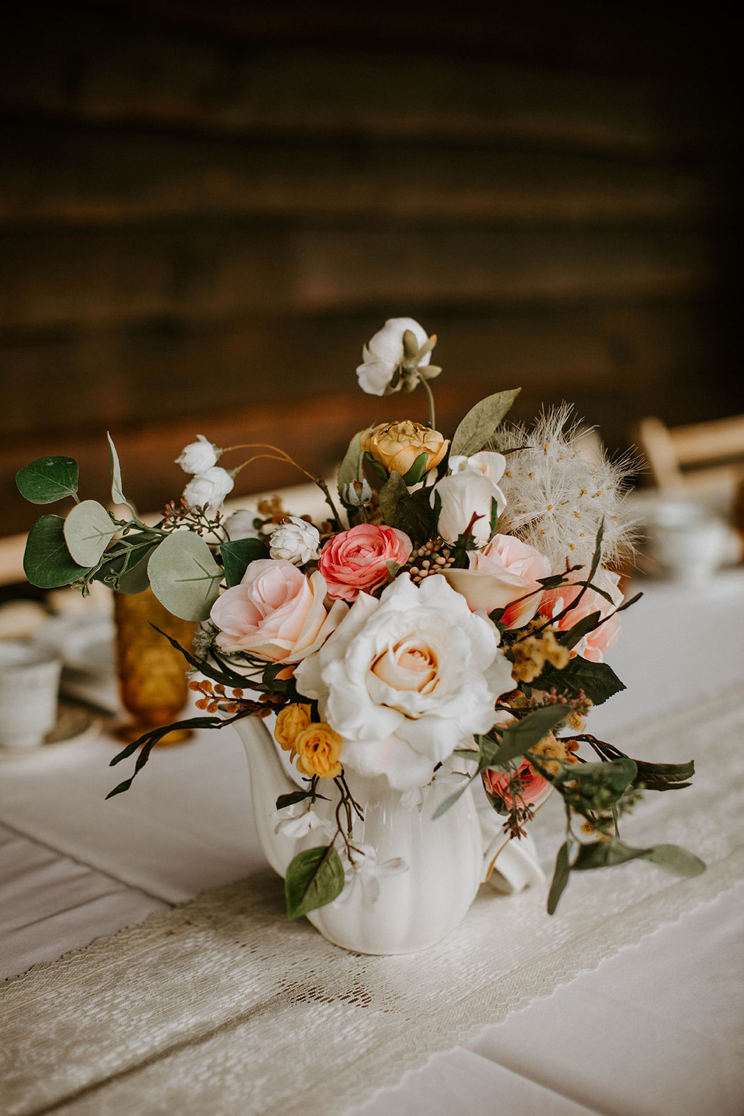 tea party baby shower inspiration - faux florals in a vintage teapot