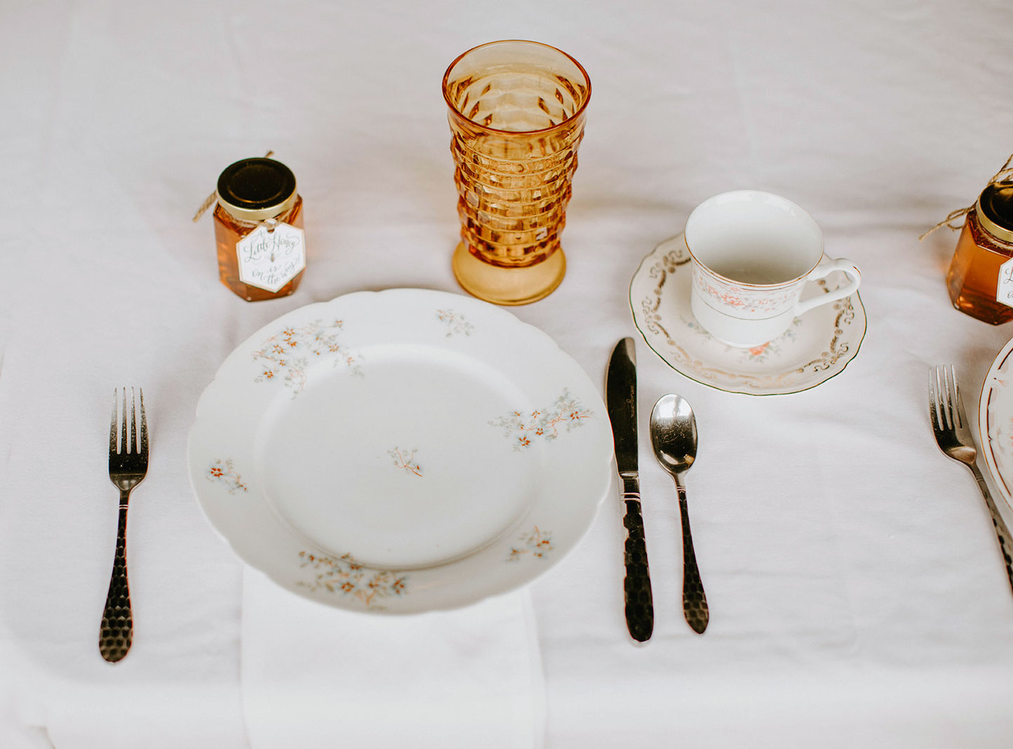 "Sweet As Honey" Themed Baby Shower with mismatched china, amber glass, and lace