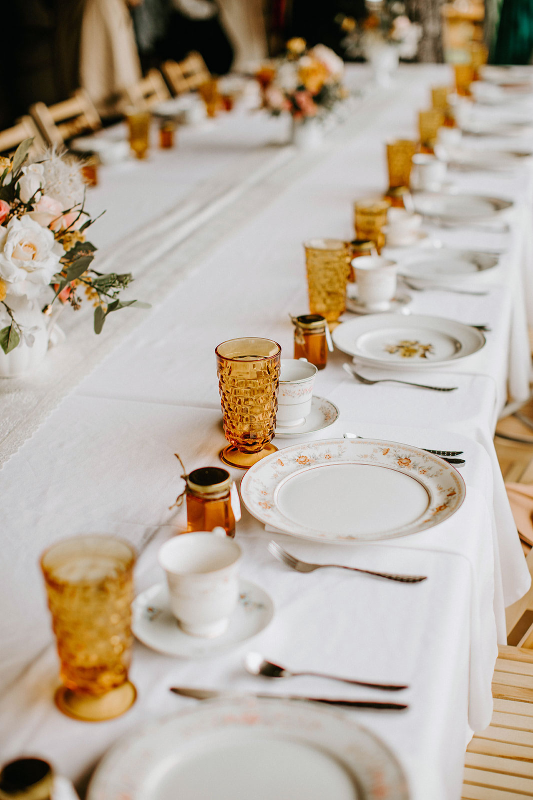 "Sweet As Honey" Themed Baby Shower with mismatched china, amber glass, and lace