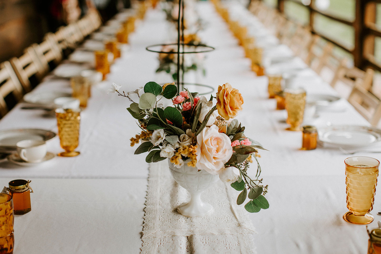 "Sweet As Honey" Themed Baby Shower with mismatched china, amber glass, and lace