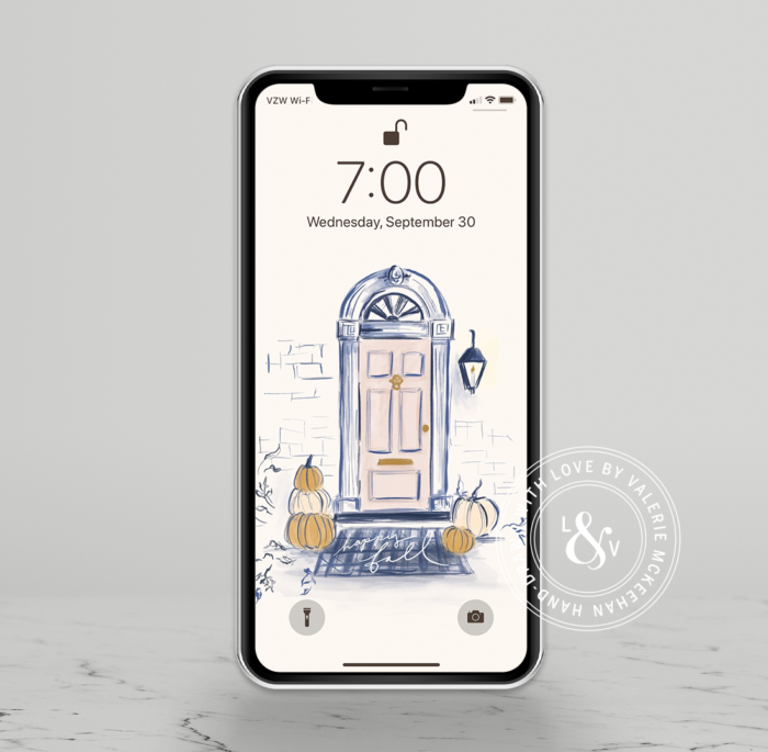 Pumpkin decor front door hand-drawn by Lily & Val iphone wallpaper download