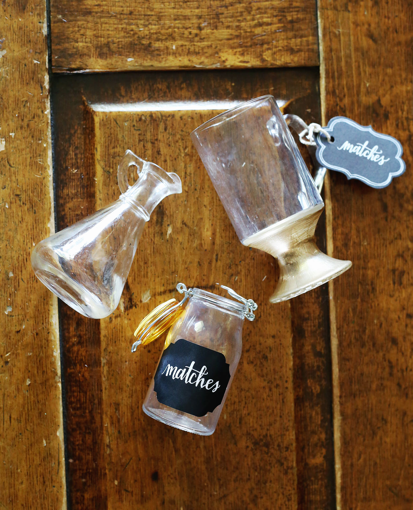 Recycle old glass jars and cups to create beautiful match containers! Via Lily & Val Living