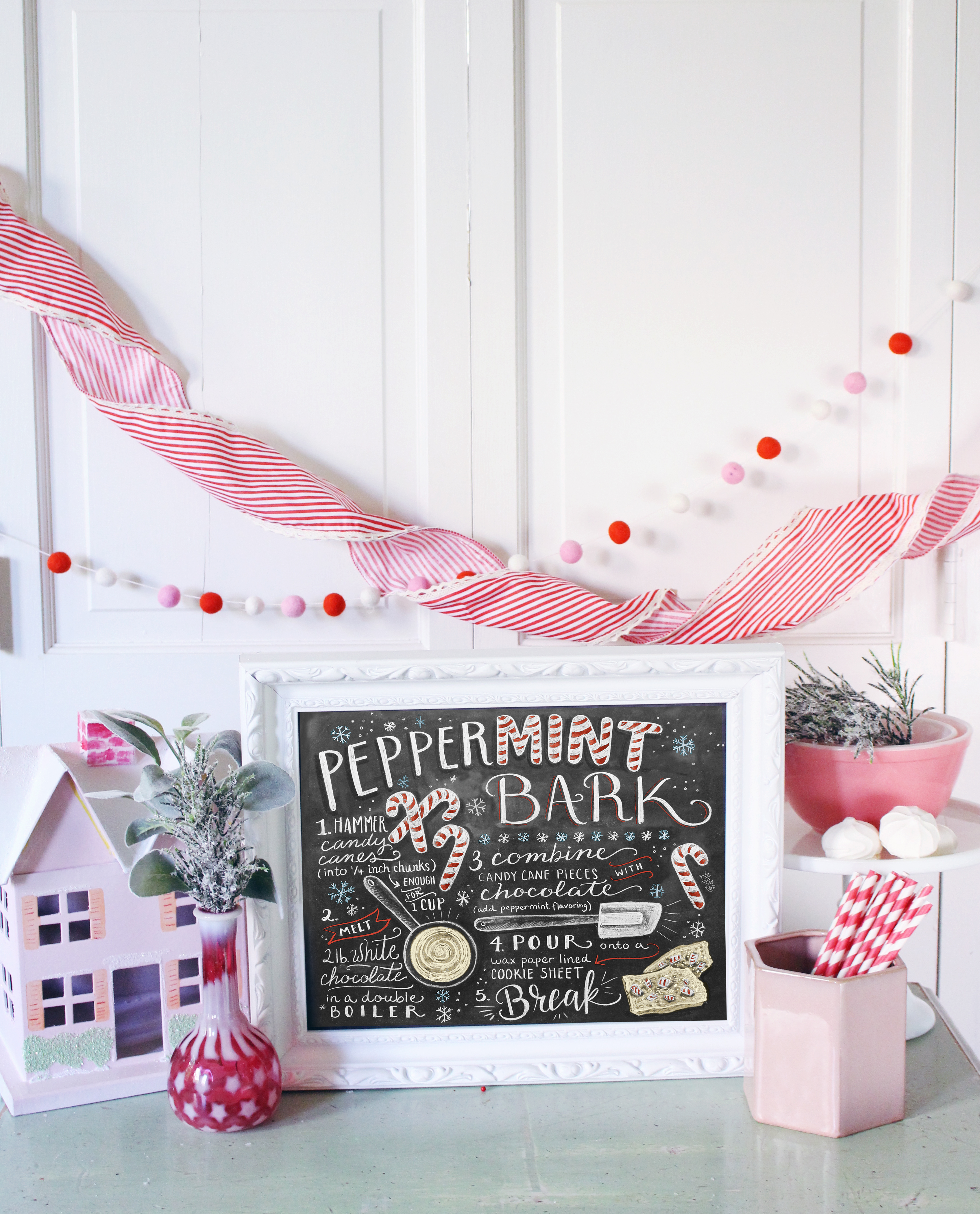Peppermint Bark illustrated recipe by Lily &amp; Val as part of the 2016 Marshamallow World Holiday Wall Art &amp; Decor Collection