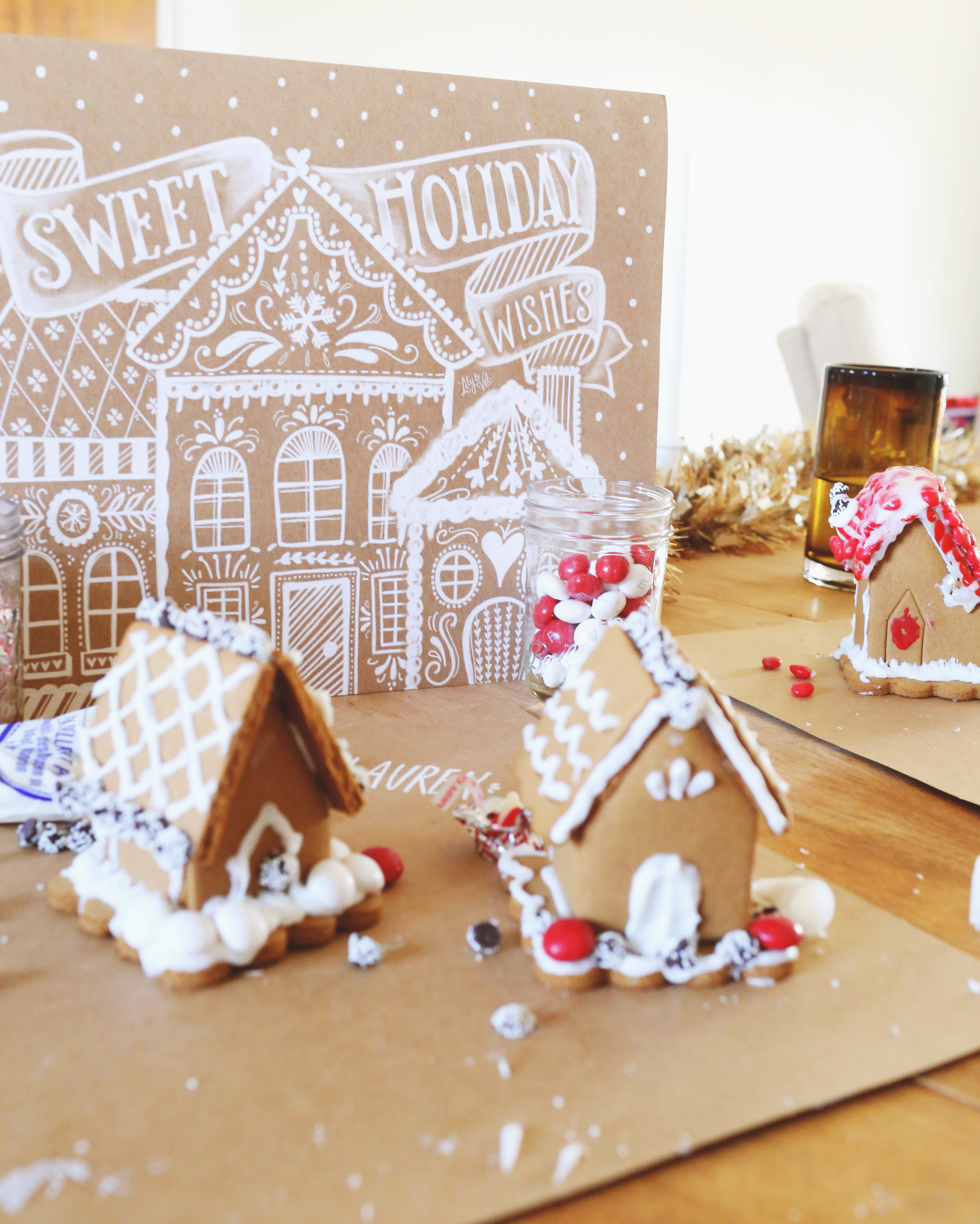 Sweet Holiday Wishes Kraft Art print by Lily & Val makes the perfect holiday decor for a gingerbread decorating party