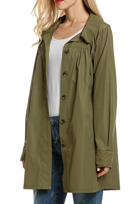 This trench has a beautiful olive color and feminine gathering details. 
